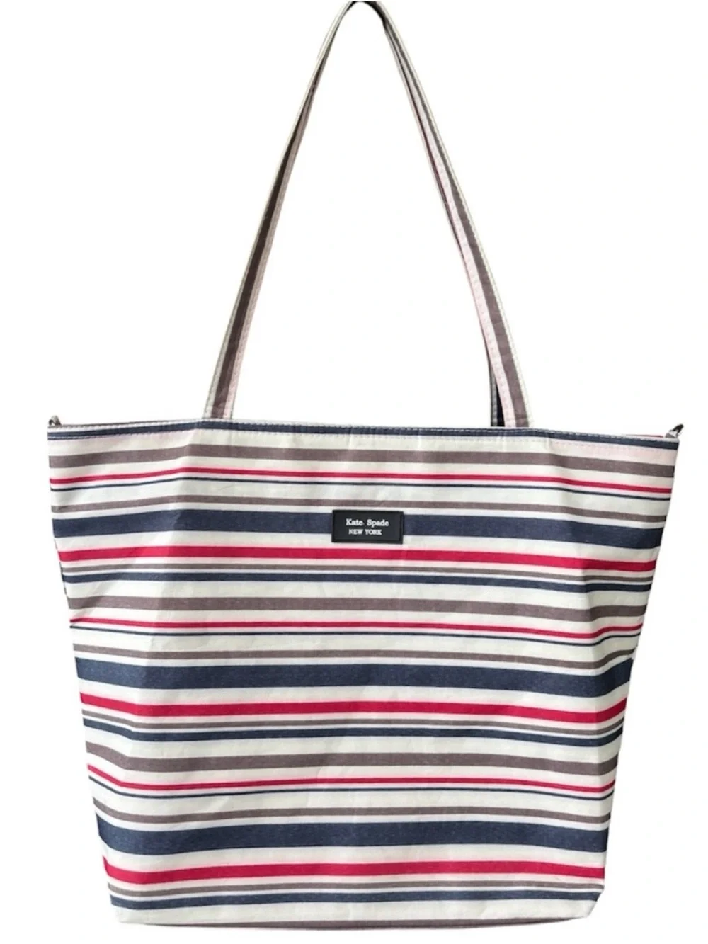 Kate Spade Striped Shoulder Bag Tote Tan Red Navy Travel Nautical Coastal Luxury
